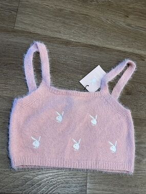 PLAYBOY Light Pink Fuzzy Embroidered Bunny Crop Tank
